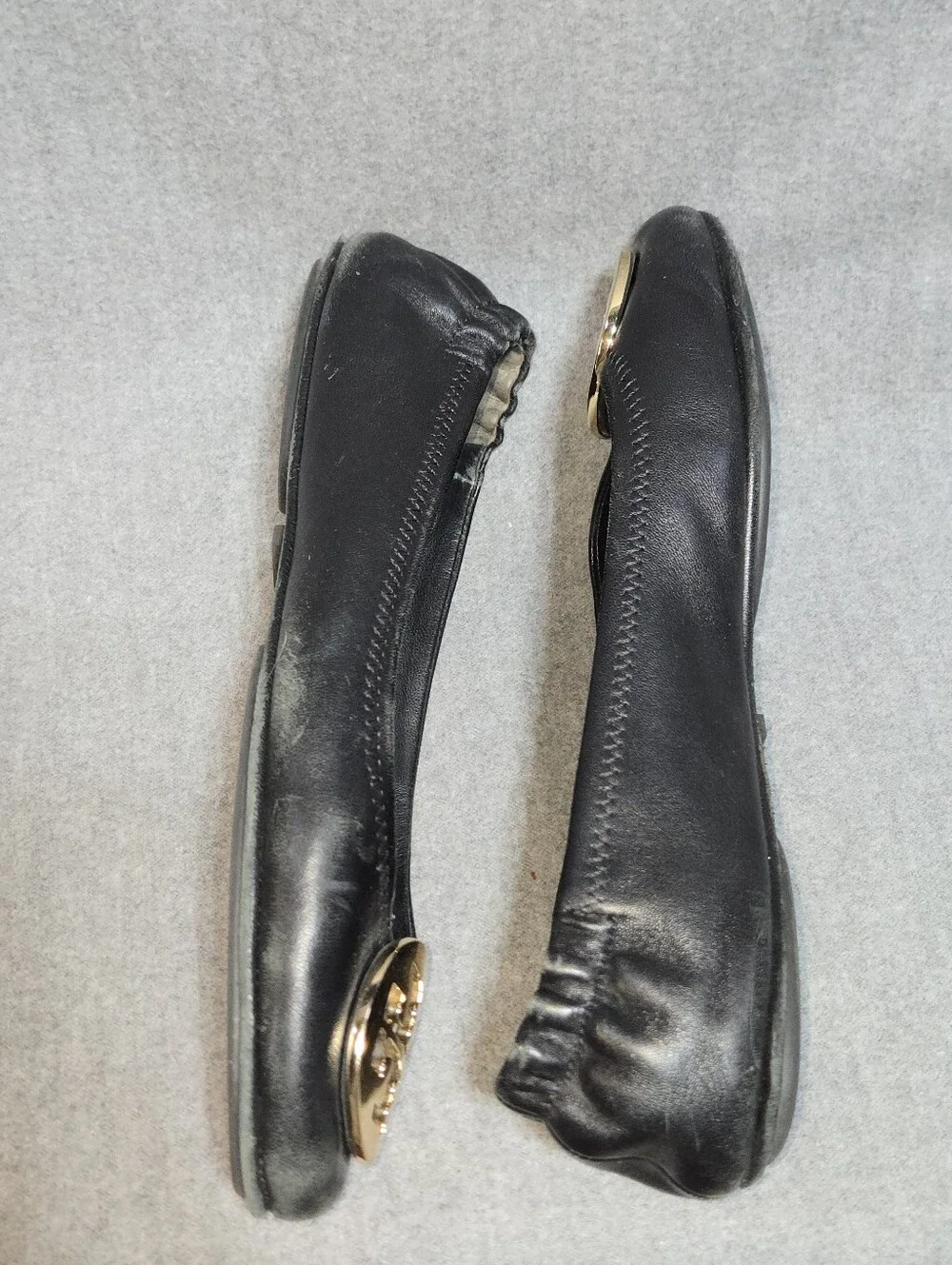 ​Tory Burch Reva Ballet Flats Black Leather With Gold Medallion Logo